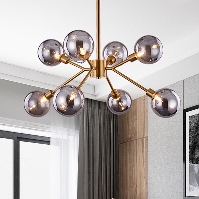 Brass Finish Sphere Metal Semi Flush Light Fixture Contemporary Smoke Gray Glass 6/8 Bulbs Semi Flush Mount Lighting 8.0 Brass Clearhalo 'Ceiling Lights' 'Close To Ceiling Lights' 'Close to ceiling' 'Semi-flushmount' Lighting' 311217