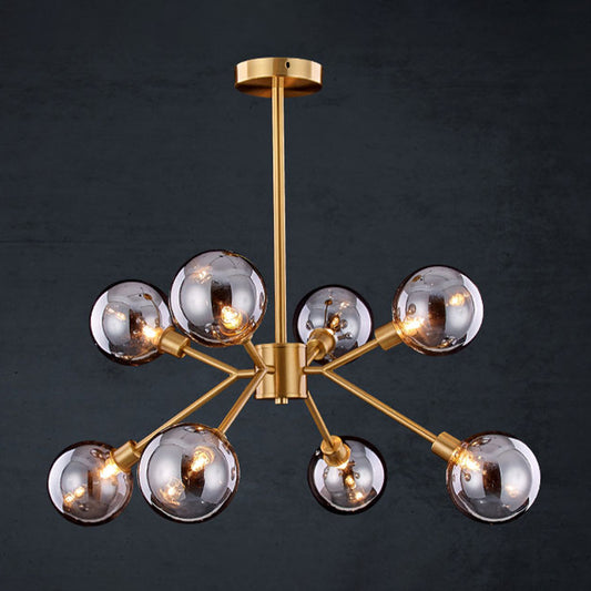 Brass Finish Sphere Metal Semi Flush Light Fixture Contemporary Smoke Gray Glass 6/8 Bulbs Semi Flush Mount Lighting Clearhalo 'Ceiling Lights' 'Close To Ceiling Lights' 'Close to ceiling' 'Semi-flushmount' Lighting' 311218