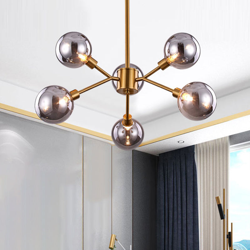 Brass Finish Sphere Metal Semi Flush Light Fixture Contemporary Smoke Gray Glass 6/8 Bulbs Semi Flush Mount Lighting 6.0 Brass Clearhalo 'Ceiling Lights' 'Close To Ceiling Lights' 'Close to ceiling' 'Semi-flushmount' Lighting' 311219