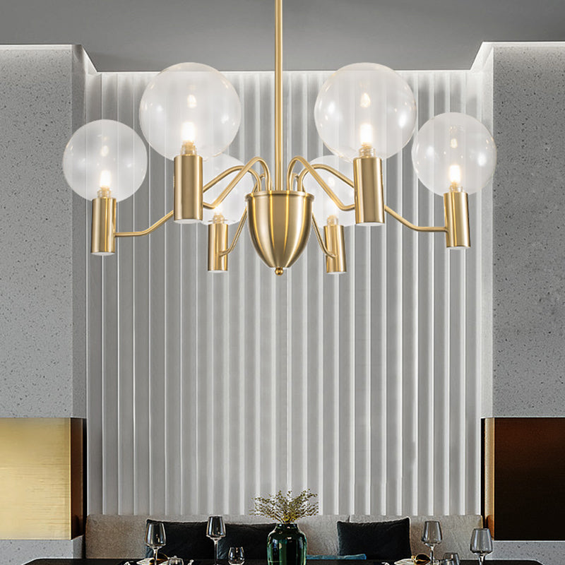 Gold Globe Shaped Chandelier Lighting Fixture Minimalist 6 Lights Clear Glass Hanging Lamp Gold Clearhalo 'Ceiling Lights' 'Chandeliers' 'Glass shade' 'Glass' 'Island Lights' 'Modern Chandeliers' 'Modern' Lighting' 311245