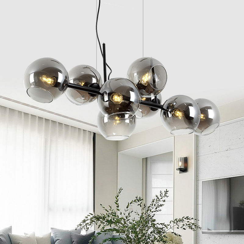 Globe Island Light Minimalist Clear/Smoke Grey Glass 8 Lights Black/Gold Chandelier Lighting for Dining Room Black Smoke Grey Clearhalo 'Ceiling Lights' 'Close To Ceiling Lights' 'Glass shade' 'Glass' 'Island Lights' Lighting' 311255