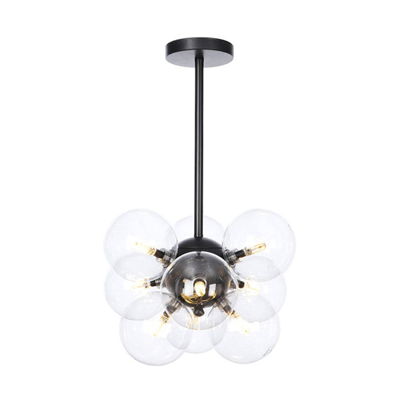 Minimalist Globe Semi Flush Lighting Gray/White/Red Glass 9 Lights Living Room Ceiling Lamp in Black/Brass/Chrome Black Clear Clearhalo 'Ceiling Lights' 'Close To Ceiling Lights' 'Close to ceiling' 'Semi-flushmount' Lighting' 311260