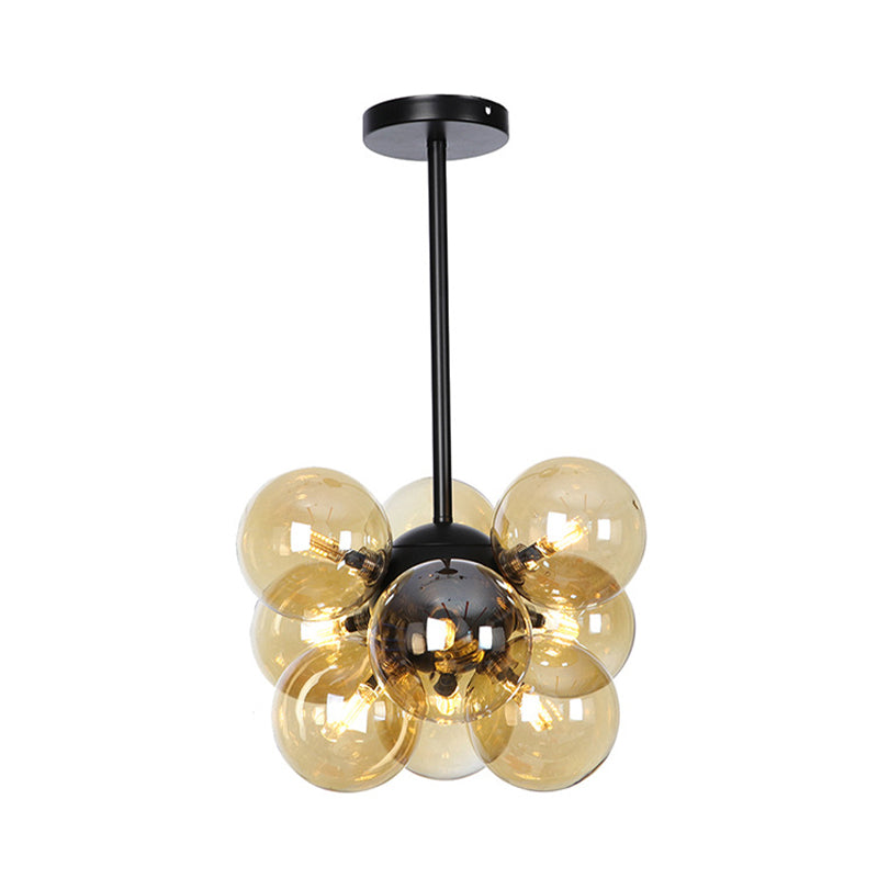 Minimalist Globe Semi Flush Lighting Gray/White/Red Glass 9 Lights Living Room Ceiling Lamp in Black/Brass/Chrome Black Amber Clearhalo 'Ceiling Lights' 'Close To Ceiling Lights' 'Close to ceiling' 'Semi-flushmount' Lighting' 311262