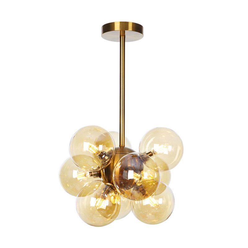 Minimalist Globe Semi Flush Lighting Gray/White/Red Glass 9 Lights Living Room Ceiling Lamp in Black/Brass/Chrome Brass Amber Clearhalo 'Ceiling Lights' 'Close To Ceiling Lights' 'Close to ceiling' 'Semi-flushmount' Lighting' 311263