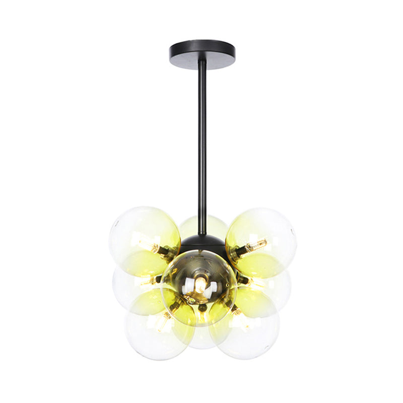 Minimalist Globe Semi Flush Lighting Gray/White/Red Glass 9 Lights Living Room Ceiling Lamp in Black/Brass/Chrome Black Yellow Clearhalo 'Ceiling Lights' 'Close To Ceiling Lights' 'Close to ceiling' 'Semi-flushmount' Lighting' 311265