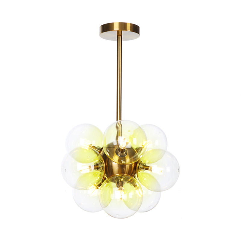 Minimalist Globe Semi Flush Lighting Gray/White/Red Glass 9 Lights Living Room Ceiling Lamp in Black/Brass/Chrome Brass Yellow Clearhalo 'Ceiling Lights' 'Close To Ceiling Lights' 'Close to ceiling' 'Semi-flushmount' Lighting' 311266