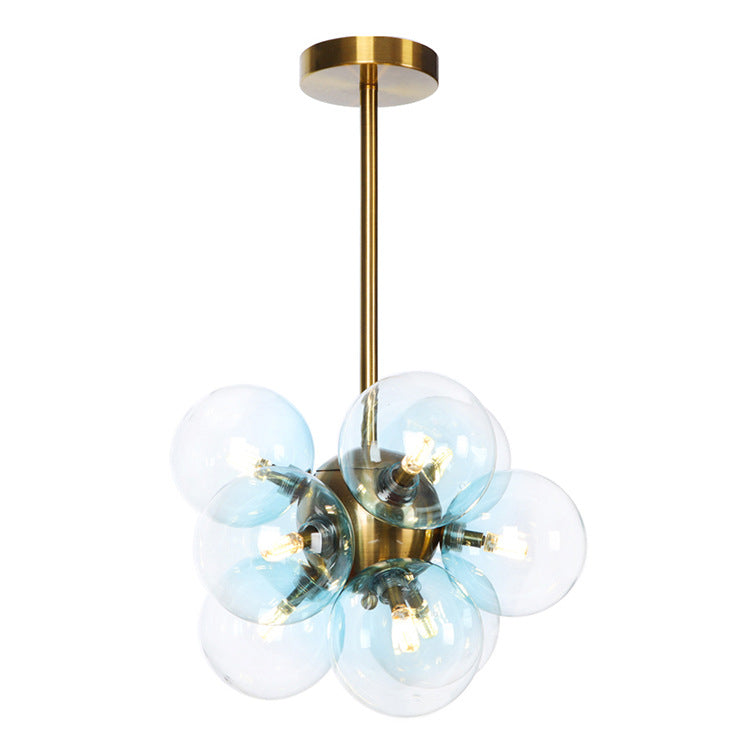 Minimalist Globe Semi Flush Lighting Gray/White/Red Glass 9 Lights Living Room Ceiling Lamp in Black/Brass/Chrome Brass Blue Clearhalo 'Ceiling Lights' 'Close To Ceiling Lights' 'Close to ceiling' 'Semi-flushmount' Lighting' 311269