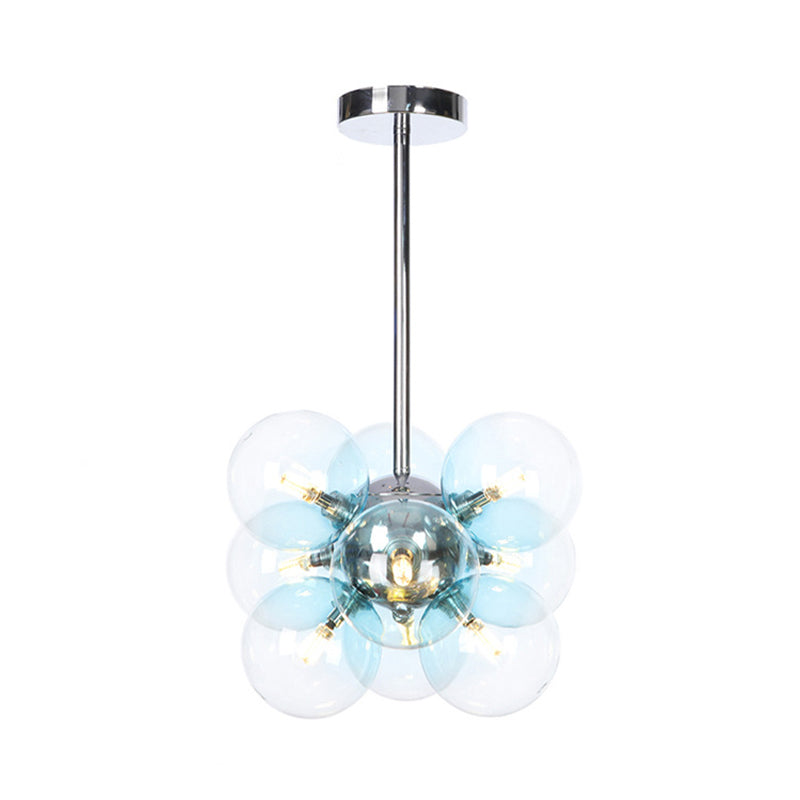 Minimalist Globe Semi Flush Lighting Gray/White/Red Glass 9 Lights Living Room Ceiling Lamp in Black/Brass/Chrome Chrome Blue Clearhalo 'Ceiling Lights' 'Close To Ceiling Lights' 'Close to ceiling' 'Semi-flushmount' Lighting' 311270