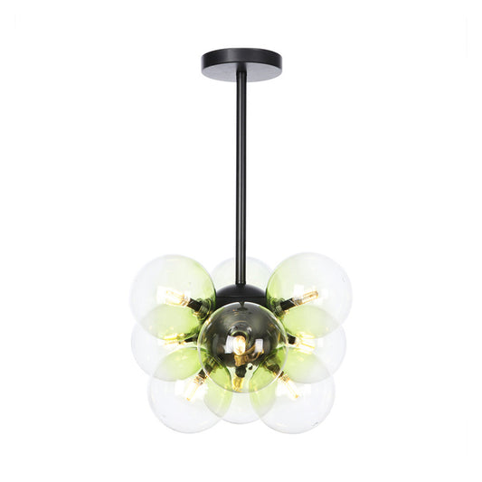 Minimalist Globe Semi Flush Lighting Gray/White/Red Glass 9 Lights Living Room Ceiling Lamp in Black/Brass/Chrome Black Green Clearhalo 'Ceiling Lights' 'Close To Ceiling Lights' 'Close to ceiling' 'Semi-flushmount' Lighting' 311271