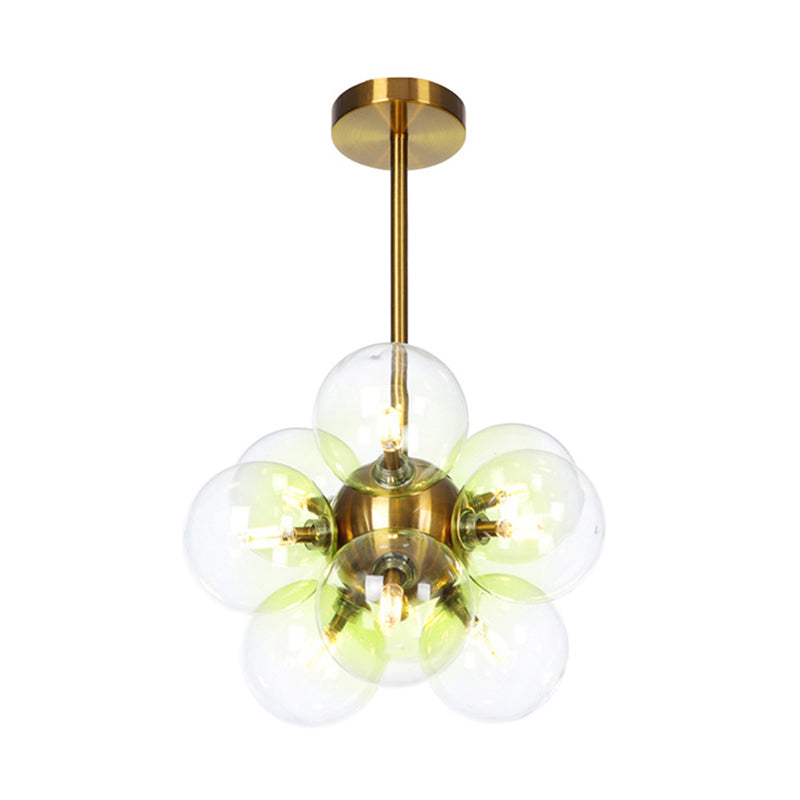 Minimalist Globe Semi Flush Lighting Gray/White/Red Glass 9 Lights Living Room Ceiling Lamp in Black/Brass/Chrome Brass Green Clearhalo 'Ceiling Lights' 'Close To Ceiling Lights' 'Close to ceiling' 'Semi-flushmount' Lighting' 311272