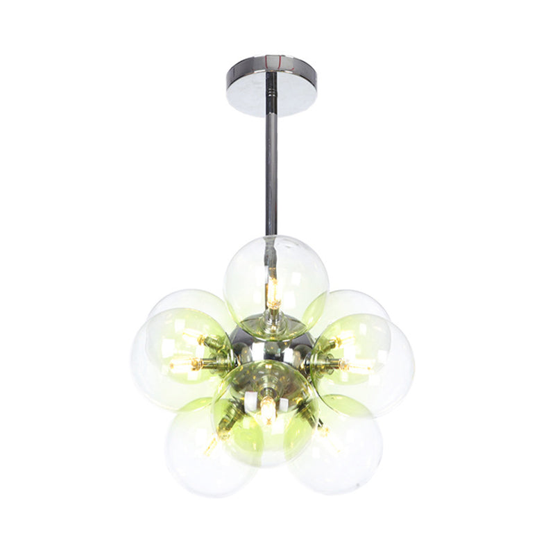 Minimalist Globe Semi Flush Lighting Gray/White/Red Glass 9 Lights Living Room Ceiling Lamp in Black/Brass/Chrome Chrome Green Clearhalo 'Ceiling Lights' 'Close To Ceiling Lights' 'Close to ceiling' 'Semi-flushmount' Lighting' 311273