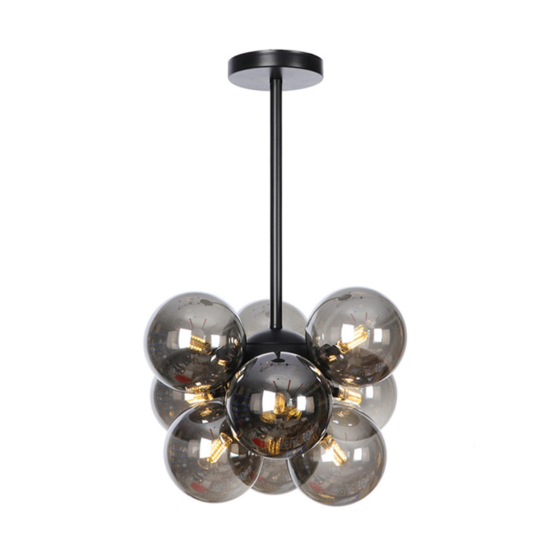 Minimalist Globe Semi Flush Lighting Gray/White/Red Glass 9 Lights Living Room Ceiling Lamp in Black/Brass/Chrome Black Smoke Grey Clearhalo 'Ceiling Lights' 'Close To Ceiling Lights' 'Close to ceiling' 'Semi-flushmount' Lighting' 311274