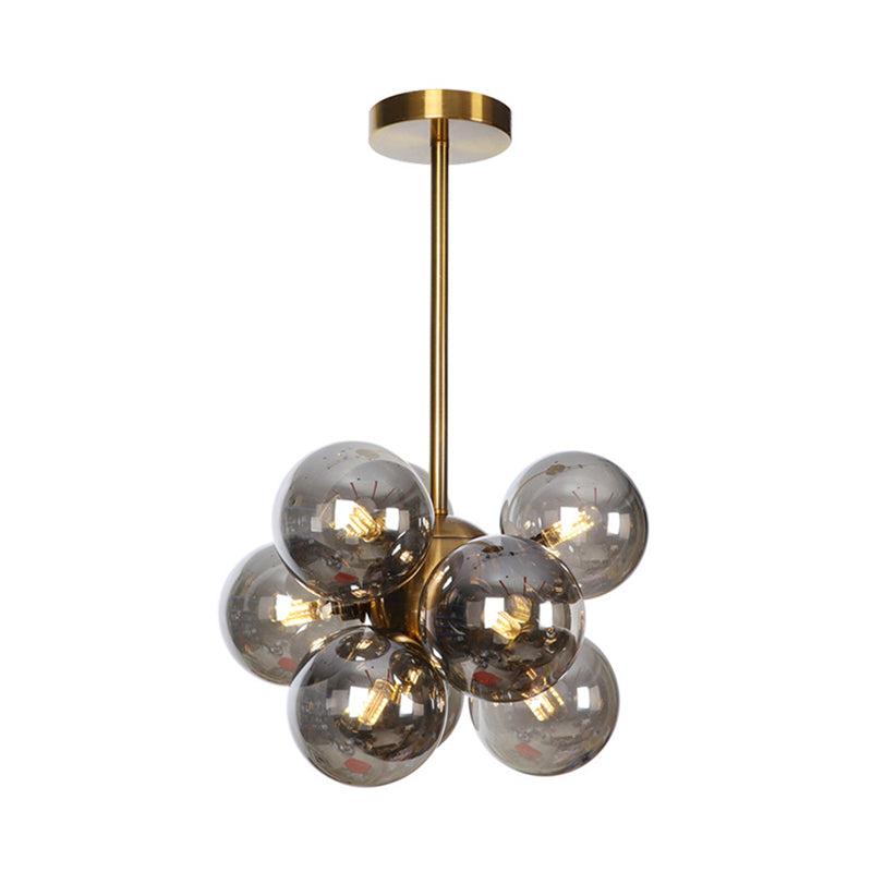 Minimalist Globe Semi Flush Lighting Gray/White/Red Glass 9 Lights Living Room Ceiling Lamp in Black/Brass/Chrome Brass Smoke Grey Clearhalo 'Ceiling Lights' 'Close To Ceiling Lights' 'Close to ceiling' 'Semi-flushmount' Lighting' 311275