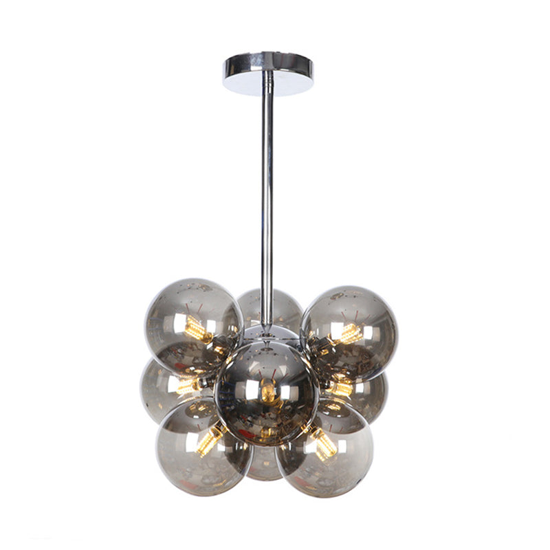 Minimalist Globe Semi Flush Lighting Gray/White/Red Glass 9 Lights Living Room Ceiling Lamp in Black/Brass/Chrome Chrome Smoke Grey Clearhalo 'Ceiling Lights' 'Close To Ceiling Lights' 'Close to ceiling' 'Semi-flushmount' Lighting' 311276