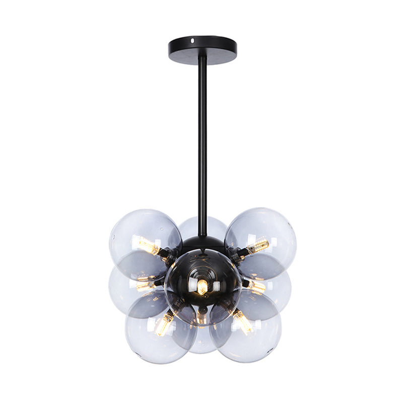 Minimalist Globe Semi Flush Lighting Gray/White/Red Glass 9 Lights Living Room Ceiling Lamp in Black/Brass/Chrome Black Gray Clearhalo 'Ceiling Lights' 'Close To Ceiling Lights' 'Close to ceiling' 'Semi-flushmount' Lighting' 311277