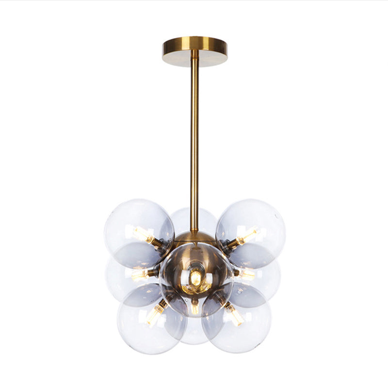 Minimalist Globe Semi Flush Lighting Gray/White/Red Glass 9 Lights Living Room Ceiling Lamp in Black/Brass/Chrome Brass Gray Clearhalo 'Ceiling Lights' 'Close To Ceiling Lights' 'Close to ceiling' 'Semi-flushmount' Lighting' 311278