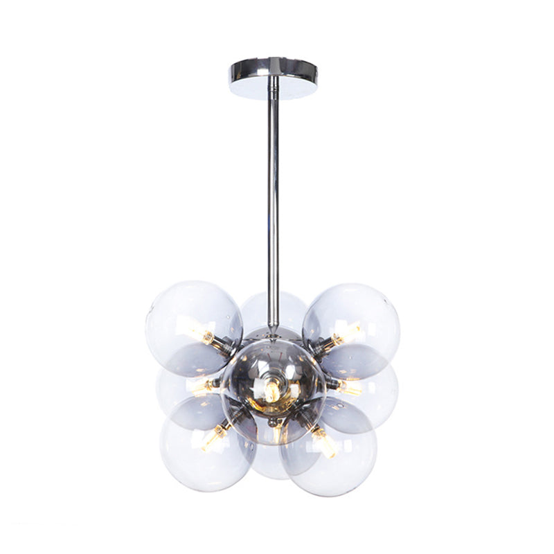 Minimalist Globe Semi Flush Lighting Gray/White/Red Glass 9 Lights Living Room Ceiling Lamp in Black/Brass/Chrome Chrome Gray Clearhalo 'Ceiling Lights' 'Close To Ceiling Lights' 'Close to ceiling' 'Semi-flushmount' Lighting' 311279