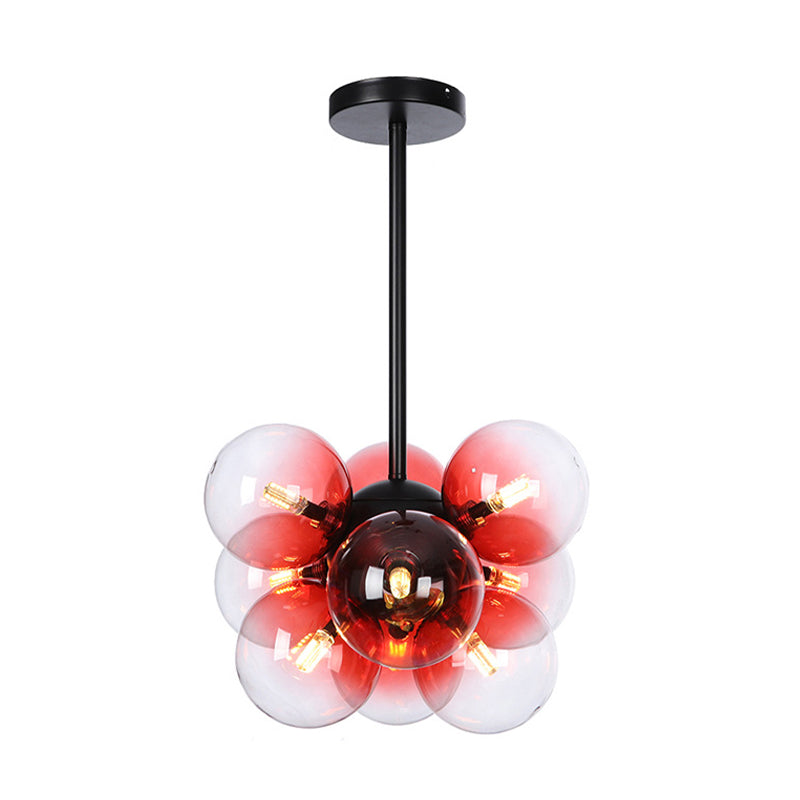 Minimalist Globe Semi Flush Lighting Gray/White/Red Glass 9 Lights Living Room Ceiling Lamp in Black/Brass/Chrome Black Red Clearhalo 'Ceiling Lights' 'Close To Ceiling Lights' 'Close to ceiling' 'Semi-flushmount' Lighting' 311280