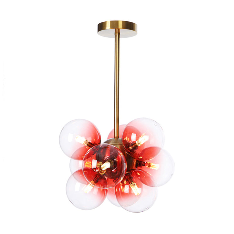 Minimalist Globe Semi Flush Lighting Gray/White/Red Glass 9 Lights Living Room Ceiling Lamp in Black/Brass/Chrome Brass Red Clearhalo 'Ceiling Lights' 'Close To Ceiling Lights' 'Close to ceiling' 'Semi-flushmount' Lighting' 311281