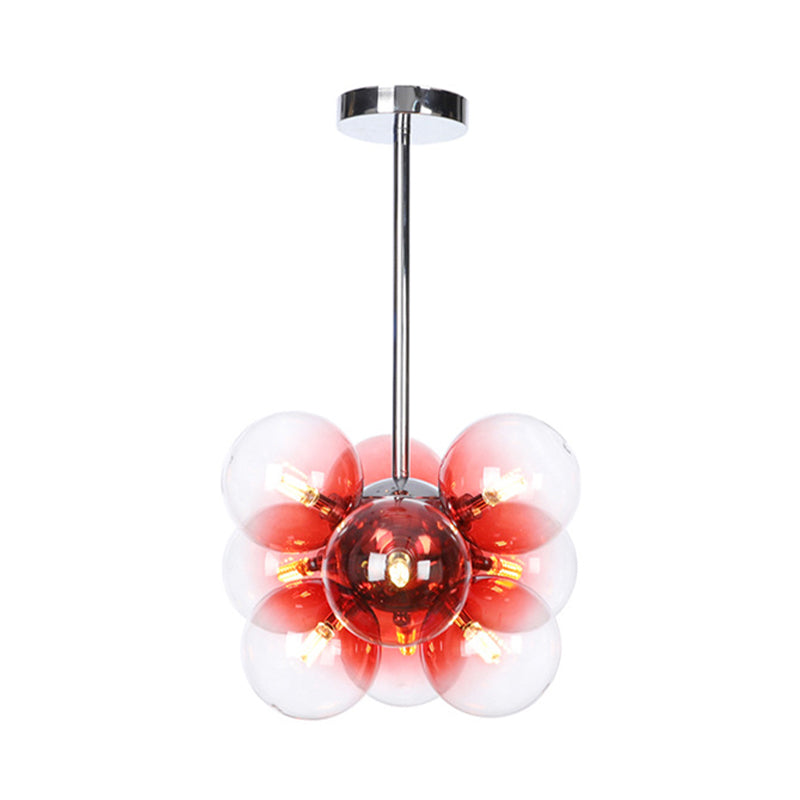 Minimalist Globe Semi Flush Lighting Gray/White/Red Glass 9 Lights Living Room Ceiling Lamp in Black/Brass/Chrome Chrome Red Clearhalo 'Ceiling Lights' 'Close To Ceiling Lights' 'Close to ceiling' 'Semi-flushmount' Lighting' 311282