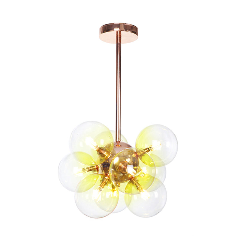 Globe Semi Flush Lighting Minimalist White/Green/Blue Glass 9 Lights Copper Ceiling Mounted Fixture Yellow Clearhalo 'Ceiling Lights' 'Chandeliers' 'Close To Ceiling Lights' 'Close to ceiling' 'Glass shade' 'Glass' 'Semi-flushmount' Lighting' 311293