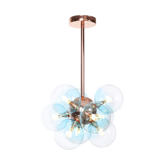 Globe Semi Flush Lighting Minimalist White/Green/Blue Glass 9 Lights Copper Ceiling Mounted Fixture Blue Clearhalo 'Ceiling Lights' 'Chandeliers' 'Close To Ceiling Lights' 'Close to ceiling' 'Glass shade' 'Glass' 'Semi-flushmount' Lighting' 311296