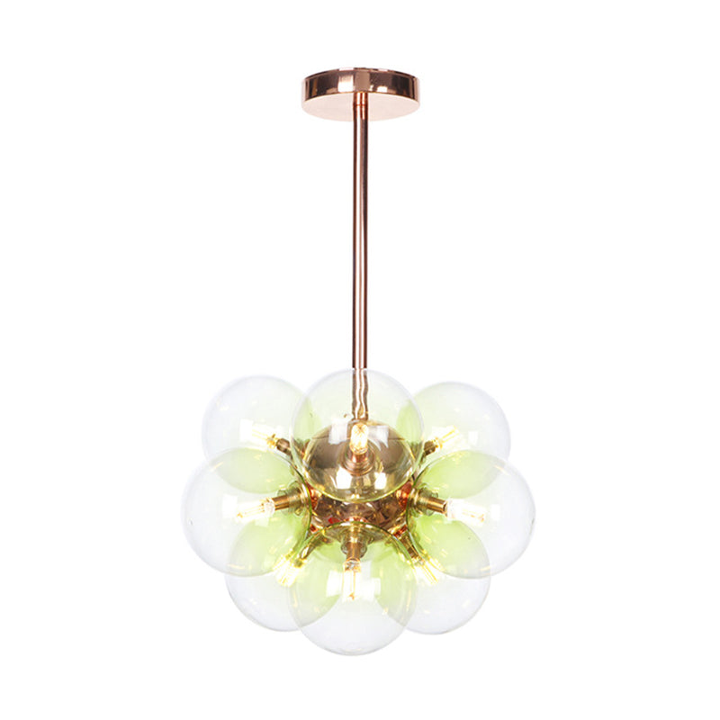 Globe Semi Flush Lighting Minimalist White/Green/Blue Glass 9 Lights Copper Ceiling Mounted Fixture Green Clearhalo 'Ceiling Lights' 'Chandeliers' 'Close To Ceiling Lights' 'Close to ceiling' 'Glass shade' 'Glass' 'Semi-flushmount' Lighting' 311297