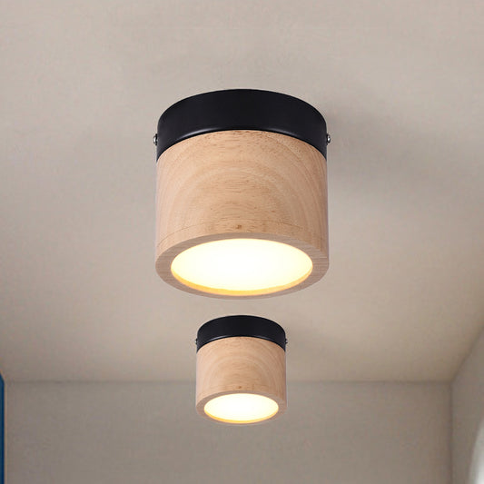 Mini LED Foyer Flush Ceiling Lamp Nordic Style Black and Beige Ceiling Lamp with Cylinder Wood Shade Black Clearhalo 'Ceiling Lights' 'Close To Ceiling Lights' 'Close to ceiling' 'Flush mount' Lighting' 311404