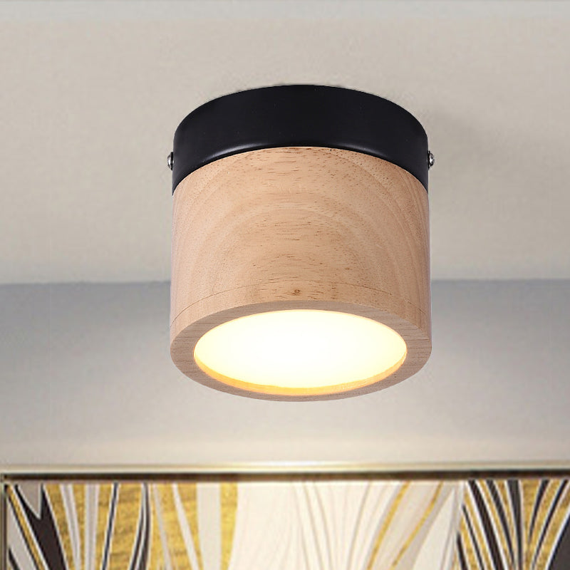 Mini LED Foyer Flush Ceiling Lamp Nordic Style Black and Beige Ceiling Lamp with Cylinder Wood Shade Clearhalo 'Ceiling Lights' 'Close To Ceiling Lights' 'Close to ceiling' 'Flush mount' Lighting' 311405