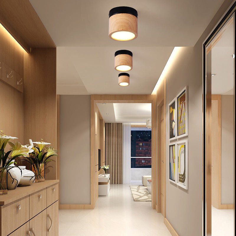 Mini LED Foyer Flush Ceiling Lamp Nordic Style Black and Beige Ceiling Lamp with Cylinder Wood Shade Clearhalo 'Ceiling Lights' 'Close To Ceiling Lights' 'Close to ceiling' 'Flush mount' Lighting' 311406