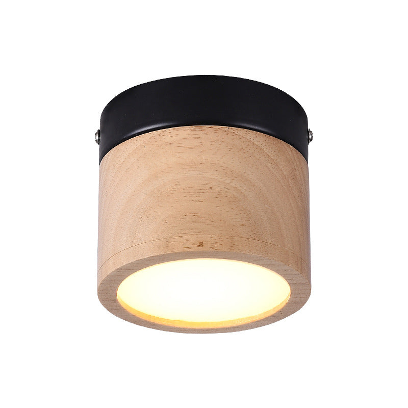 Mini LED Foyer Flush Ceiling Lamp Nordic Style Black and Beige Ceiling Lamp with Cylinder Wood Shade Clearhalo 'Ceiling Lights' 'Close To Ceiling Lights' 'Close to ceiling' 'Flush mount' Lighting' 311407