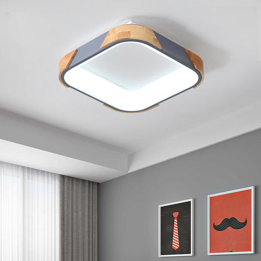 Macaron Square Flush Light Grey/White/Pink Wood LED Ceiling Light Fixture in Warm/White Light, 14"/18"/24" Wide Grey White Clearhalo 'Ceiling Lights' 'Close To Ceiling Lights' 'Close to ceiling' 'Flush mount' Lighting' 311722