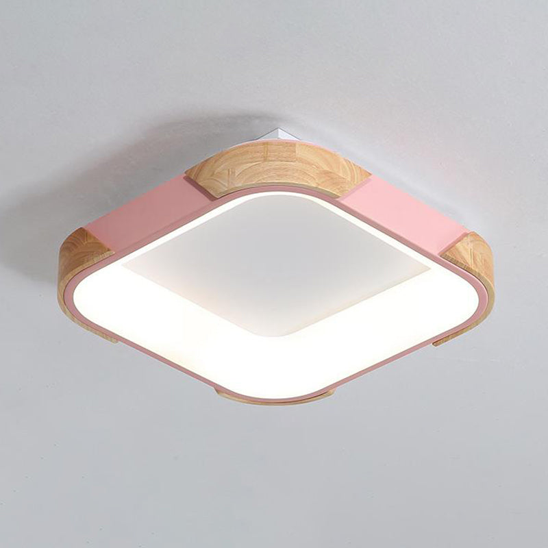 Macaron Square Flush Light Grey/White/Pink Wood LED Ceiling Light Fixture in Warm/White Light, 14"/18"/24" Wide Clearhalo 'Ceiling Lights' 'Close To Ceiling Lights' 'Close to ceiling' 'Flush mount' Lighting' 311727