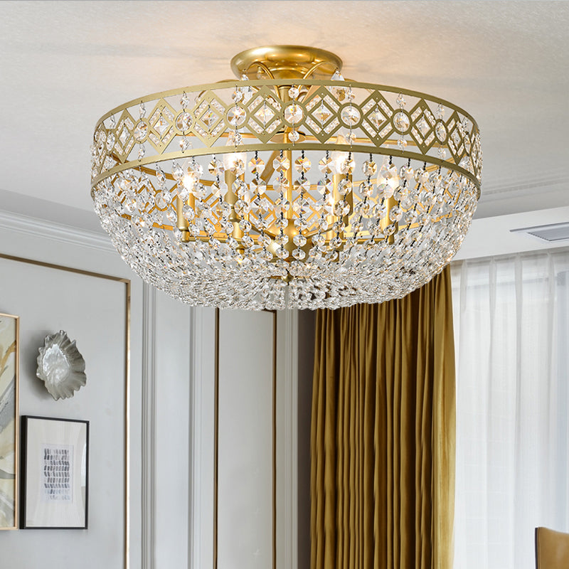 Dome Semi Flush Light Postmodern K9 Crystal 3 Lights Bedroom Ceiling Mounted Fixture in Gold Gold Clearhalo 'Ceiling Lights' 'Close To Ceiling Lights' 'Close to ceiling' 'Semi-flushmount' Lighting' 313121