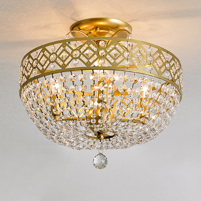 Dome Semi Flush Light Postmodern K9 Crystal 3 Lights Bedroom Ceiling Mounted Fixture in Gold Clearhalo 'Ceiling Lights' 'Close To Ceiling Lights' 'Close to ceiling' 'Semi-flushmount' Lighting' 313122