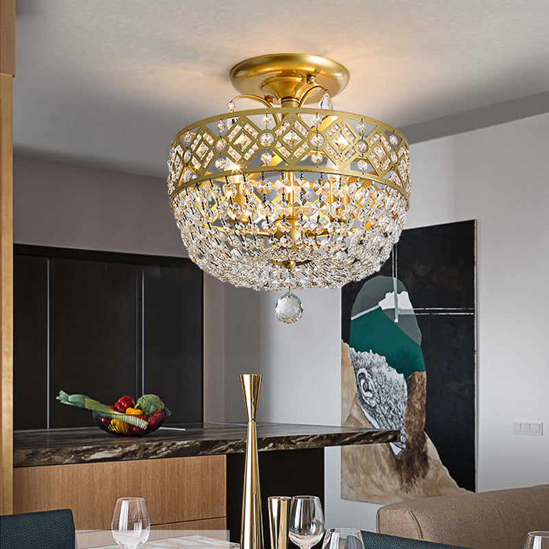 Dome Semi Flush Light Postmodern K9 Crystal 3 Lights Bedroom Ceiling Mounted Fixture in Gold Clearhalo 'Ceiling Lights' 'Close To Ceiling Lights' 'Close to ceiling' 'Semi-flushmount' Lighting' 313123