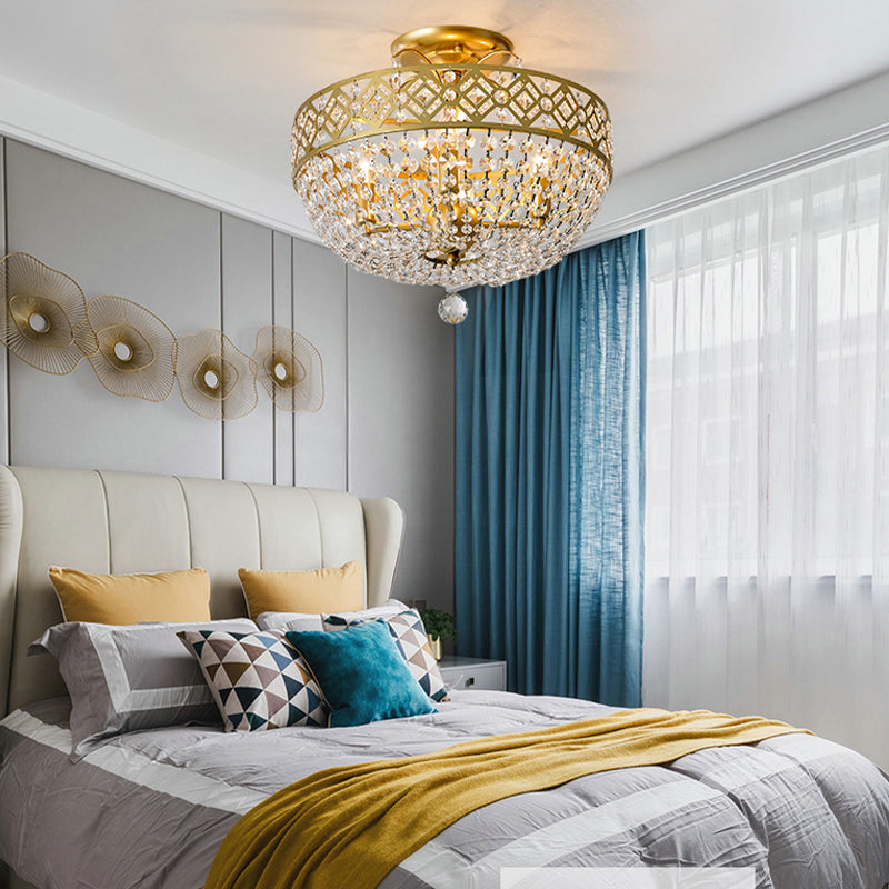 Dome Semi Flush Light Postmodern K9 Crystal 3 Lights Bedroom Ceiling Mounted Fixture in Gold Clearhalo 'Ceiling Lights' 'Close To Ceiling Lights' 'Close to ceiling' 'Semi-flushmount' Lighting' 313124