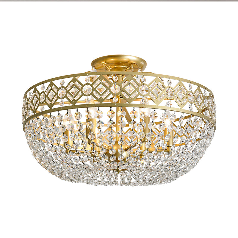 Dome Semi Flush Light Postmodern K9 Crystal 3 Lights Bedroom Ceiling Mounted Fixture in Gold Clearhalo 'Ceiling Lights' 'Close To Ceiling Lights' 'Close to ceiling' 'Semi-flushmount' Lighting' 313125