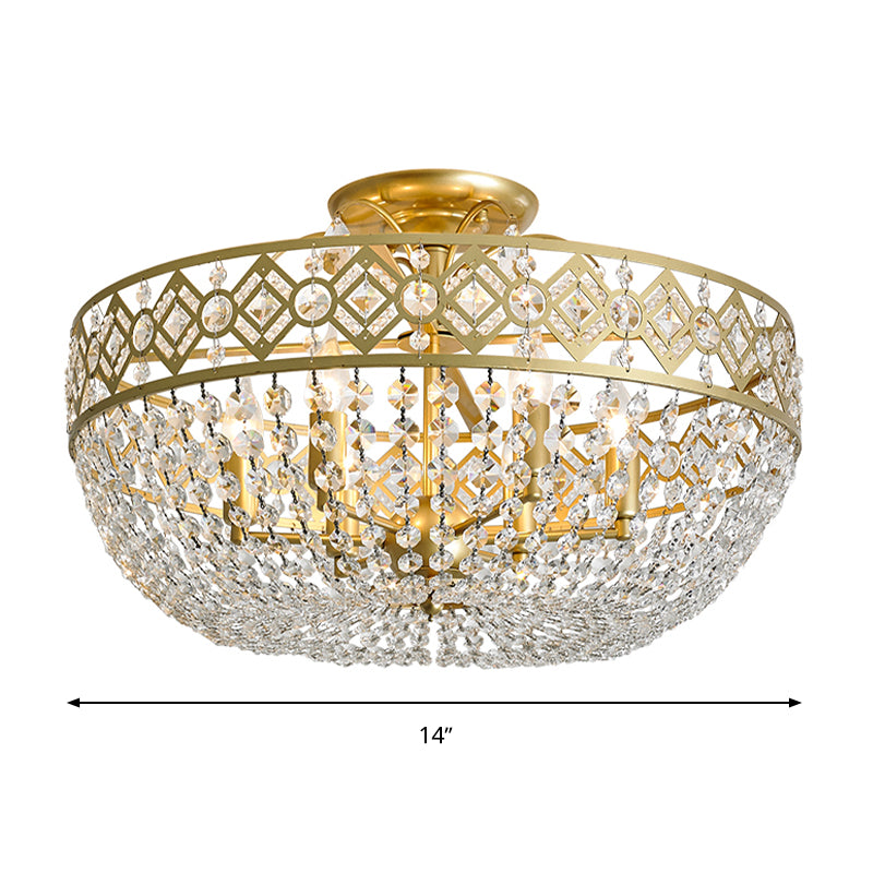 Dome Semi Flush Light Postmodern K9 Crystal 3 Lights Bedroom Ceiling Mounted Fixture in Gold Clearhalo 'Ceiling Lights' 'Close To Ceiling Lights' 'Close to ceiling' 'Semi-flushmount' Lighting' 313126