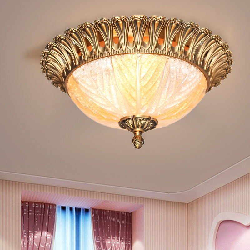 Ridged Crystal Flush Mount Fixture Postmodern 3 Heads Brass Ceiling Lamp for Bedroom Clearhalo 'Ceiling Lights' 'Close To Ceiling Lights' 'Close to ceiling' 'Flush mount' Lighting' 313134