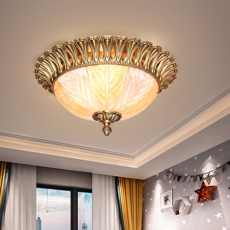 Ridged Crystal Flush Mount Fixture Postmodern 3 Heads Brass Ceiling Lamp for Bedroom Clearhalo 'Ceiling Lights' 'Close To Ceiling Lights' 'Close to ceiling' 'Flush mount' Lighting' 313135