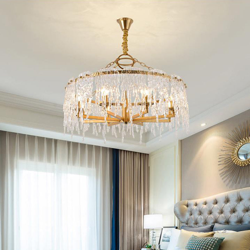 6 Heads Cascade Chandelier Lamp Modernist Crystal Ceiling Hanging Light in Brass for Living Room Clearhalo 'Ceiling Lights' 'Chandeliers' Lighting' options 313148