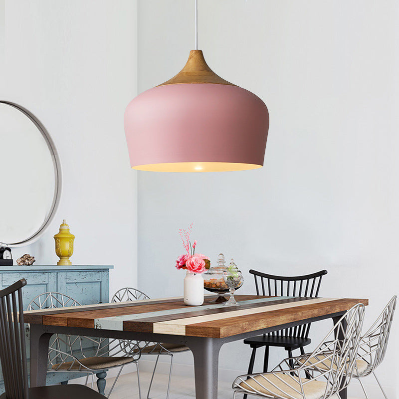 Pink/Green Domed Shaped Pendant Light Fixture Modern Style 12"/14" Wide 1 Light Metal Hanging Lamp Kit for Kitchen Pink Clearhalo 'Ceiling Lights' 'Modern Pendants' 'Modern' 'Pendant Lights' 'Pendants' Lighting' 313232