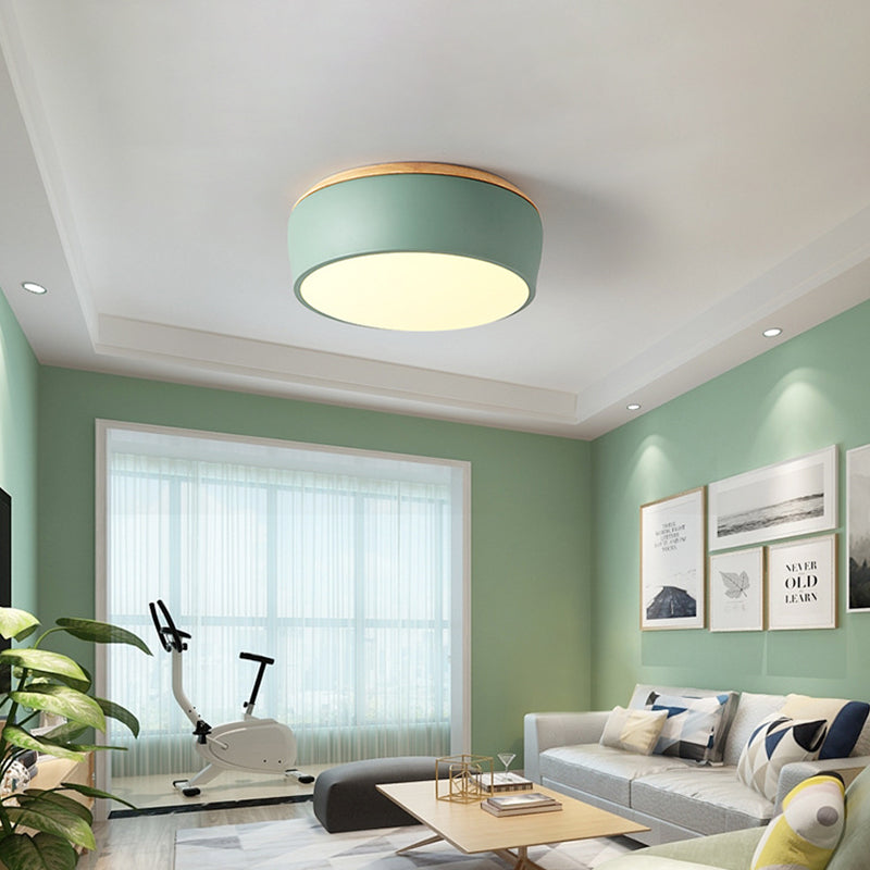 Drum Flush Mount Fixture Modern Metal White/Pink/Green LED Ceiling Mounted Lamp with Recessed Diffuser in White/Warm Light Green Warm Clearhalo 'Ceiling Lights' 'Close To Ceiling Lights' 'Close to ceiling' 'Flush mount' Lighting' 313250