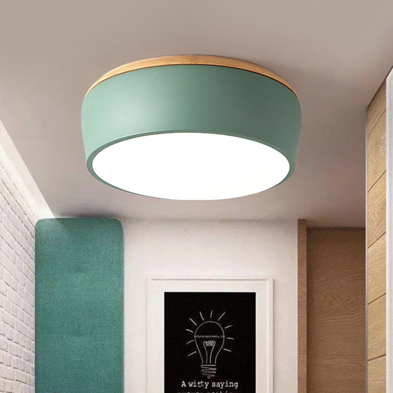 Drum Flush Mount Fixture Modern Metal White/Pink/Green LED Ceiling Mounted Lamp with Recessed Diffuser in White/Warm Light Green White Clearhalo 'Ceiling Lights' 'Close To Ceiling Lights' 'Close to ceiling' 'Flush mount' Lighting' 313251