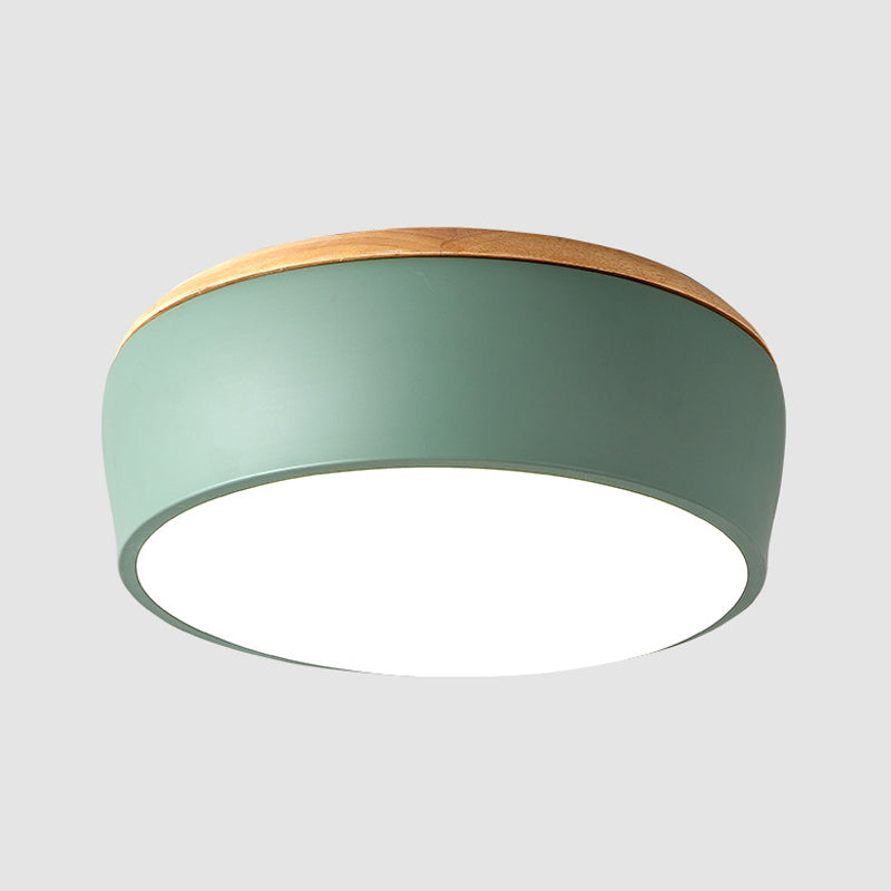 Drum Flush Mount Fixture Modern Metal White/Pink/Green LED Ceiling Mounted Lamp with Recessed Diffuser in White/Warm Light Clearhalo 'Ceiling Lights' 'Close To Ceiling Lights' 'Close to ceiling' 'Flush mount' Lighting' 313252