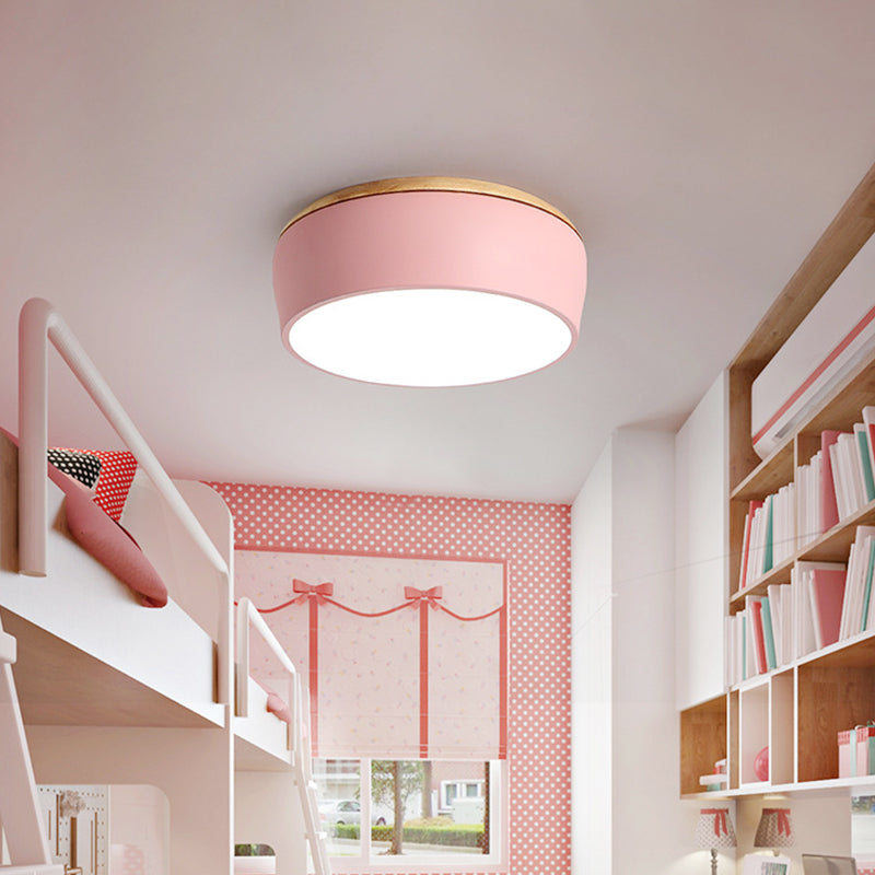 Drum Flush Mount Fixture Modern Metal White/Pink/Green LED Ceiling Mounted Lamp with Recessed Diffuser in White/Warm Light Pink Clearhalo 'Ceiling Lights' 'Close To Ceiling Lights' 'Close to ceiling' 'Flush mount' Lighting' 313253