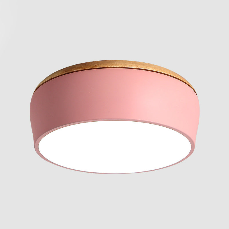 Drum Flush Mount Fixture Modern Metal White/Pink/Green LED Ceiling Mounted Lamp with Recessed Diffuser in White/Warm Light Clearhalo 'Ceiling Lights' 'Close To Ceiling Lights' 'Close to ceiling' 'Flush mount' Lighting' 313254