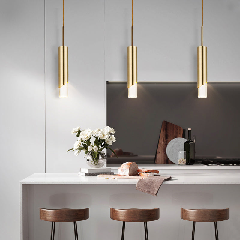 Metal Cylinder Pendant Light Fixture Minimalist 1 Light Gold Hanging Lamp Kit for Kitchen Clearhalo 'Ceiling Lights' 'Modern Pendants' 'Modern' 'Pendant Lights' 'Pendants' Lighting' 313340