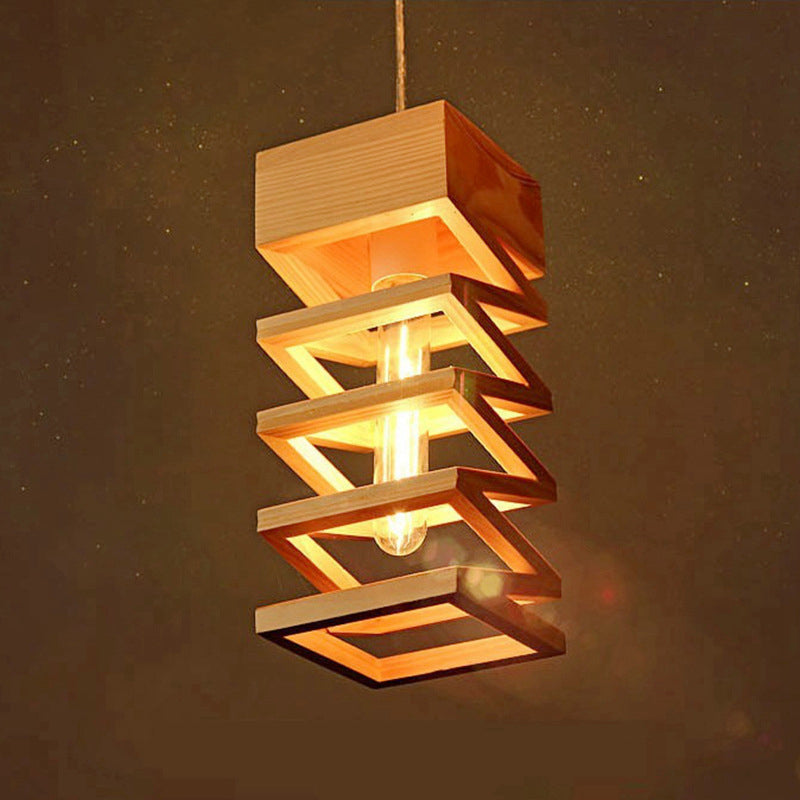 1 Head Frame Ceiling Lamp Modernism Wood Pendant Light Fixture in Beige for Living Room Clearhalo 'Ceiling Lights' 'Pendant Lights' 'Pendants' Lighting' 313381